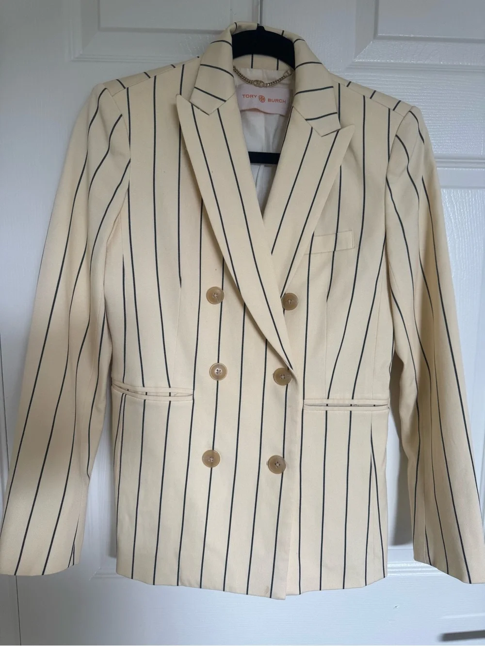 Tory Burch Cream Pinstripe Double-Breasted Blazer